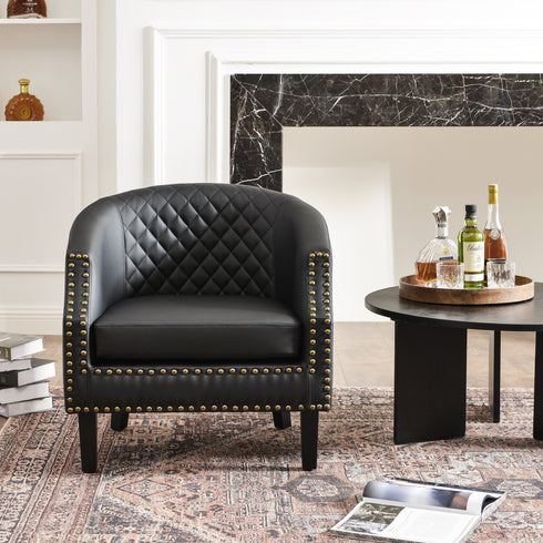 Louis Faux Leather Tufted Club Chair - Black Accent Chair | Decorative Accent Chairs | Kinwell Furniture | Modern Club Chairs | Barrel Club Chair | Nailhead Trim Chair | Contemporary Faux Leather Chair | Elegant Black Chair